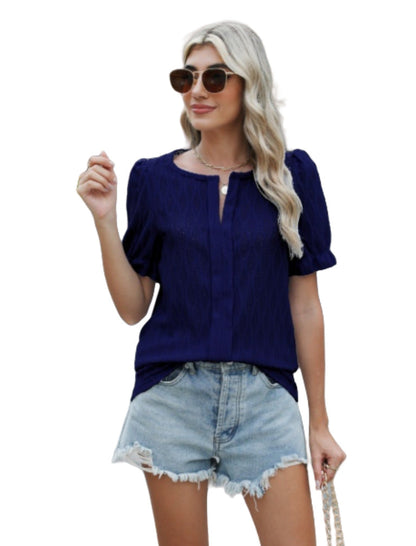 Blouse Féminine Rose Vif à Manches Courtes Brodée