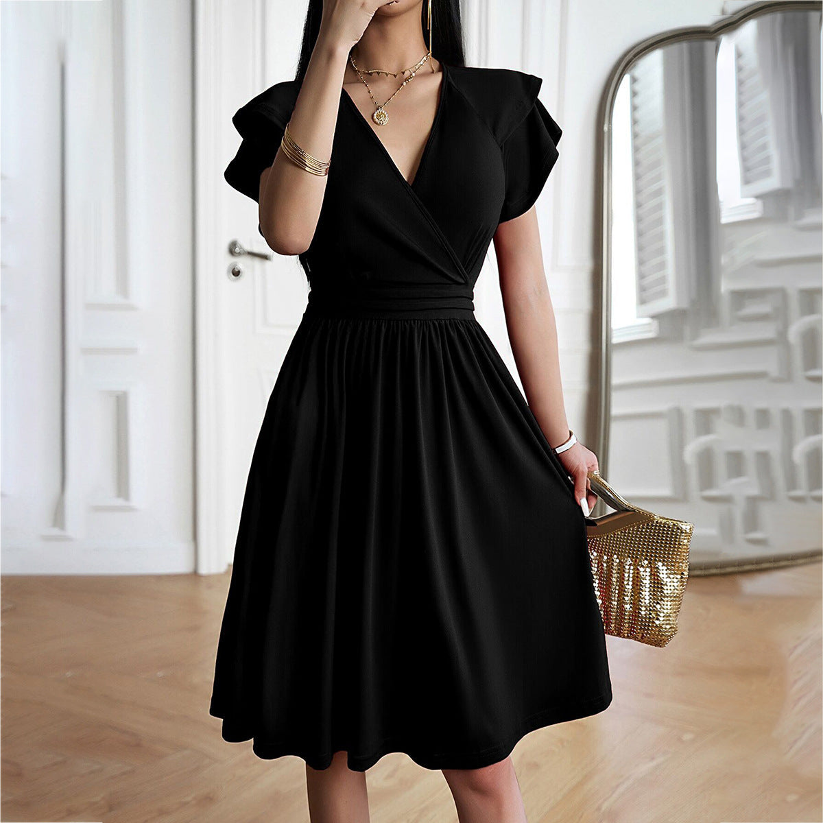 Velaria™ – Robe Midi Femme Élégante Col en V Flatteur Polyvalente