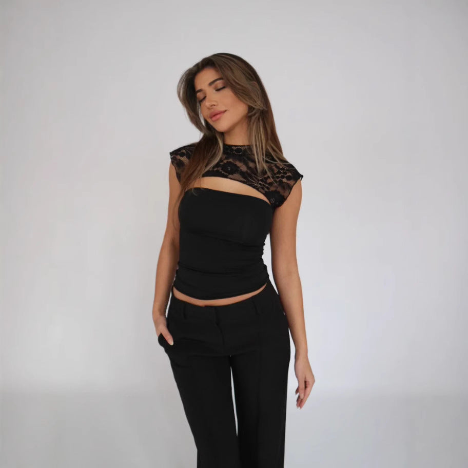 Blouse Été Femme – Top Ajusté Dentelle & Manches Courtes