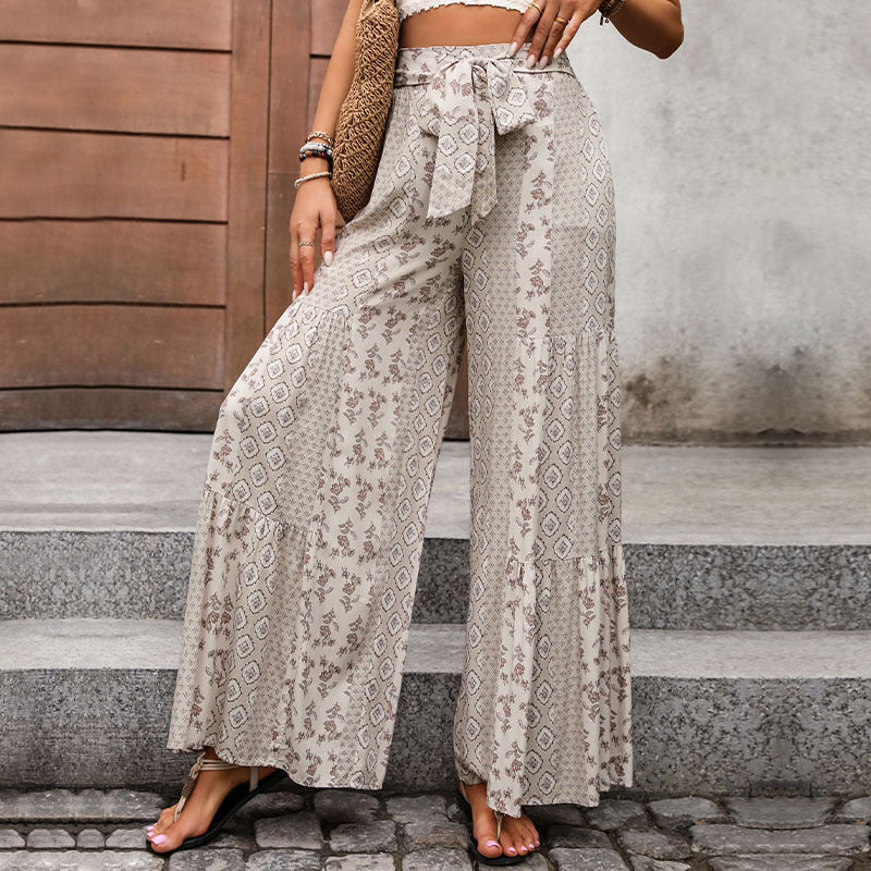 Pantalon femme décontracté imprimé fleuri taille haute - LuxeStyle