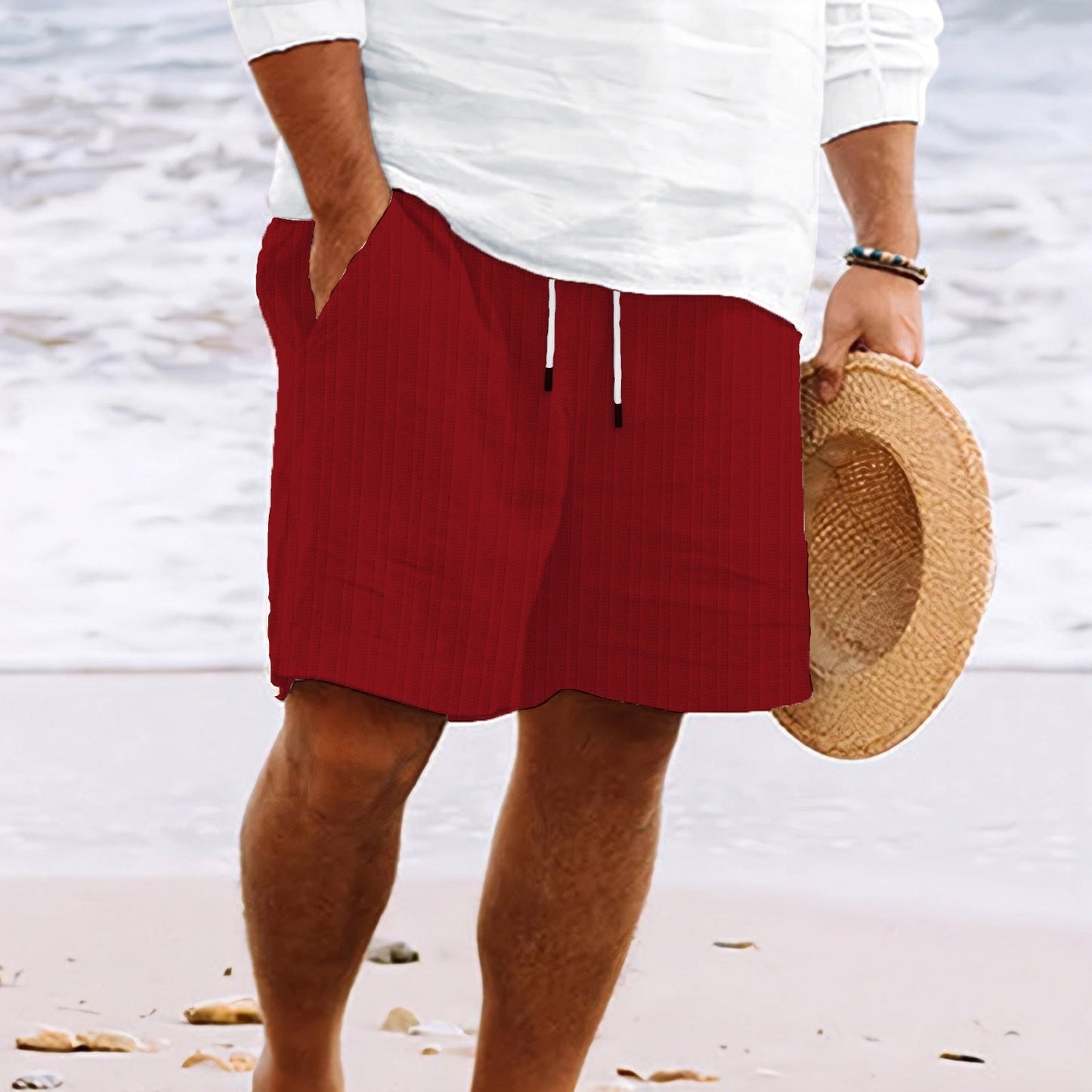 Short de Bain Blanc Rayé Élastique pour Homme
