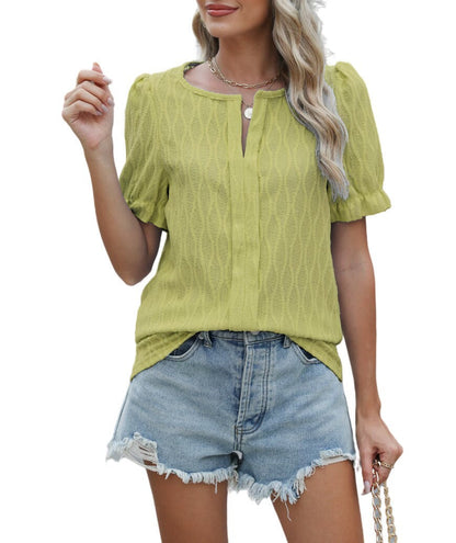 Blouse Féminine Rose Vif à Manches Courtes Brodée