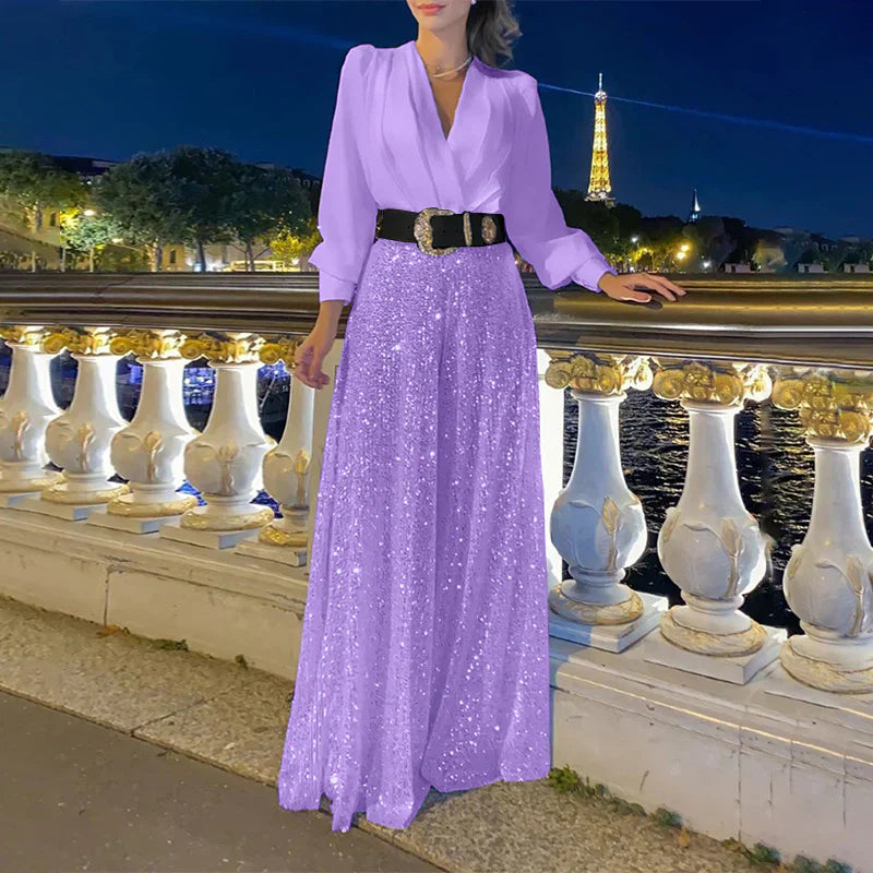 Ensemble Décontracté avec Haut Col en V et Pantalon Comfy pour Femme