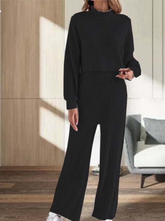 Ensemble Femme Élégant - Maille Col Montant & Pantalon Large Taille Élevée