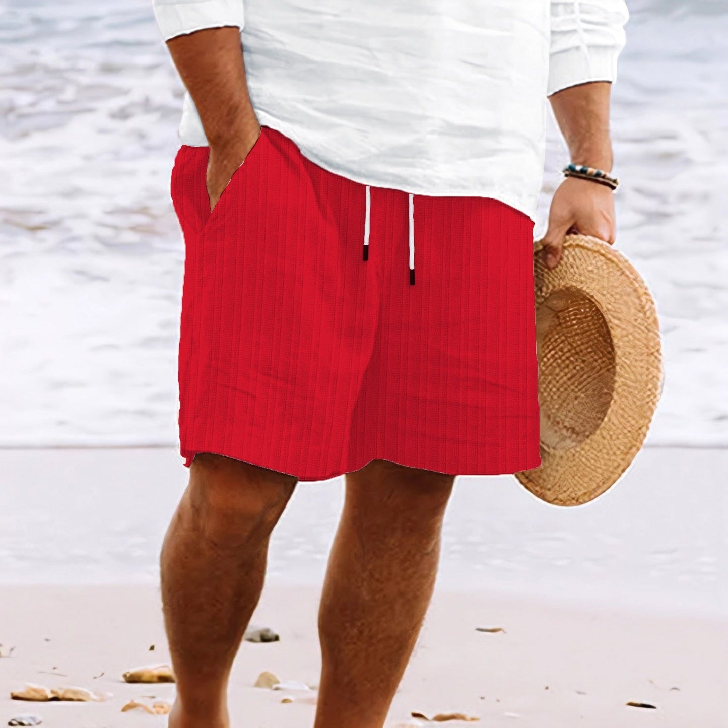 Short de Bain Blanc Rayé Élastique pour Homme