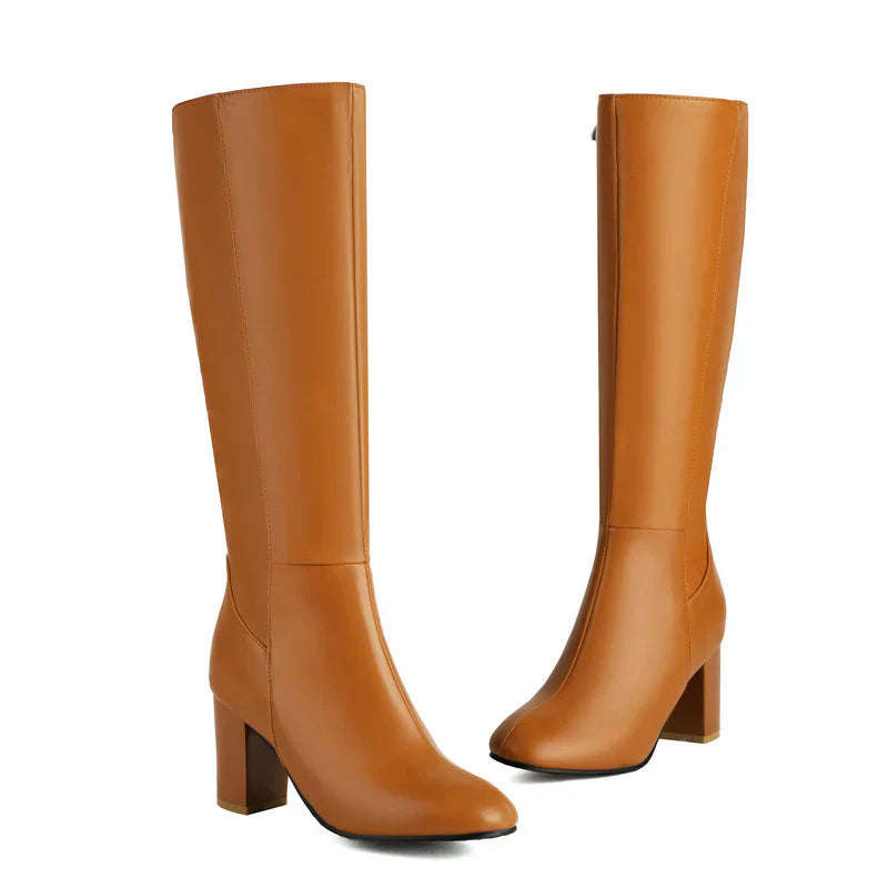 Bottes Féminines Cuir Noir à Talon Épais
