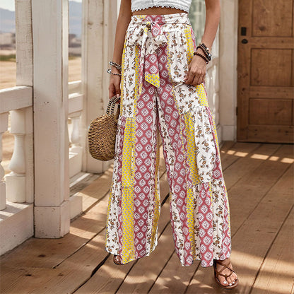 Pantalon femme décontracté imprimé fleuri taille haute