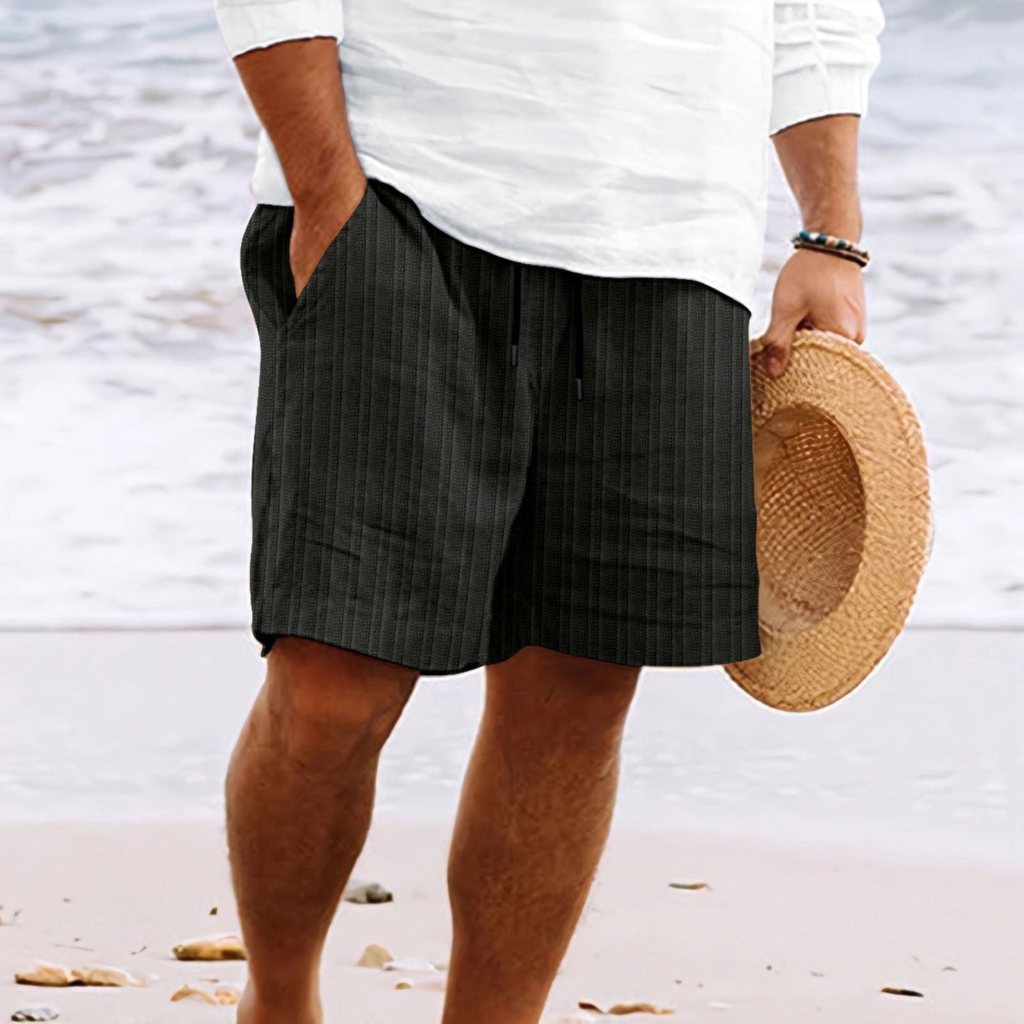 Short de Bain Blanc Rayé Élastique pour Homme