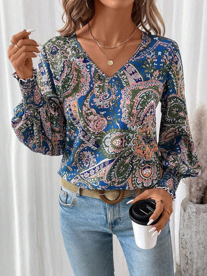 Blouse Féminine Florale Manches Longues Col En V