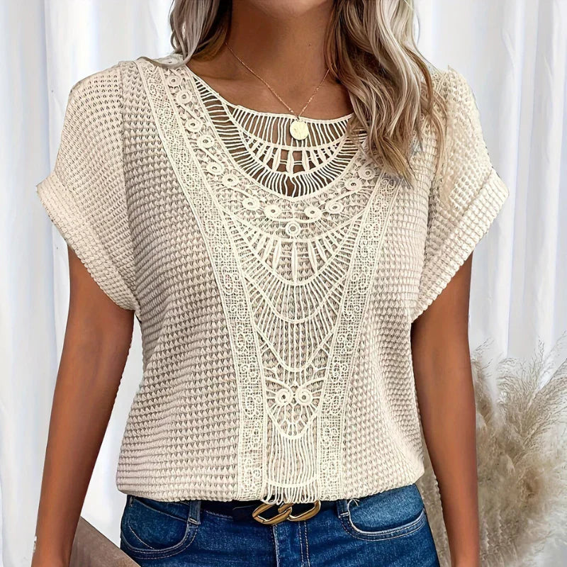 Top Délice en Dentelle Brodée Blanc à Manches Courtes - LuxeStyle