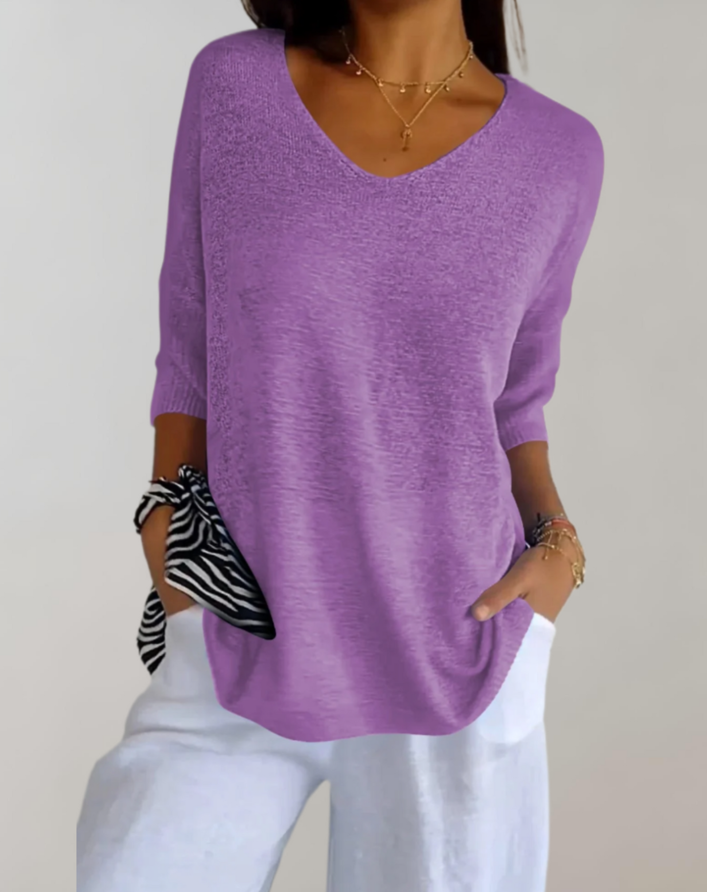 Haut Tricot Femme Élégant – Haut Long Doux avec Col en V & Style Chic Décontracté