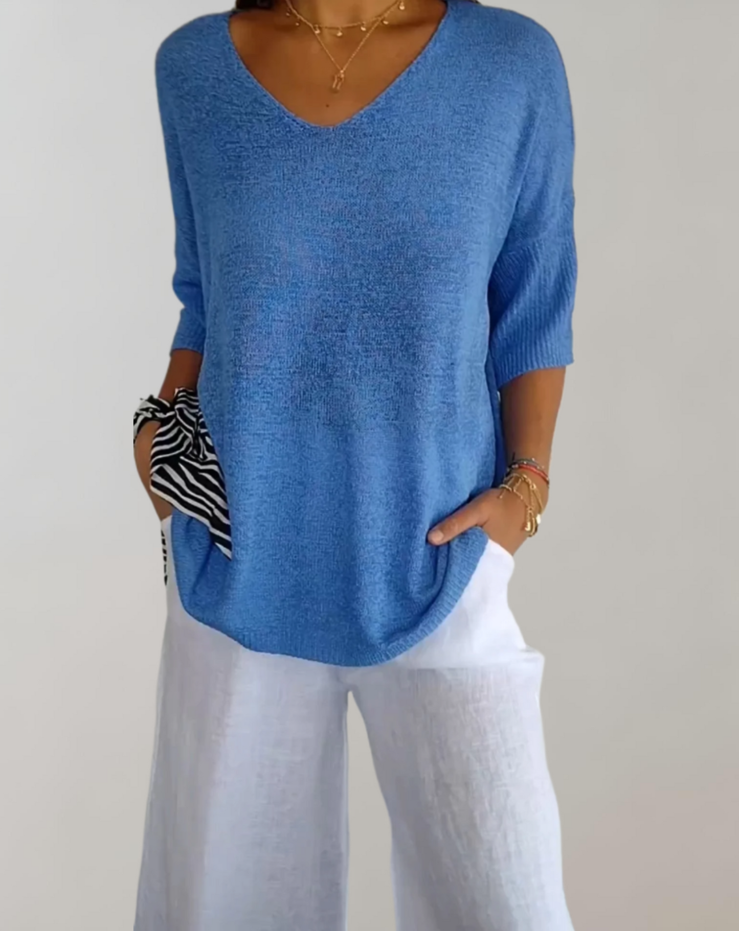 Haut Tricot Femme Élégant – Haut Long Doux avec Col en V & Style Chic Décontracté