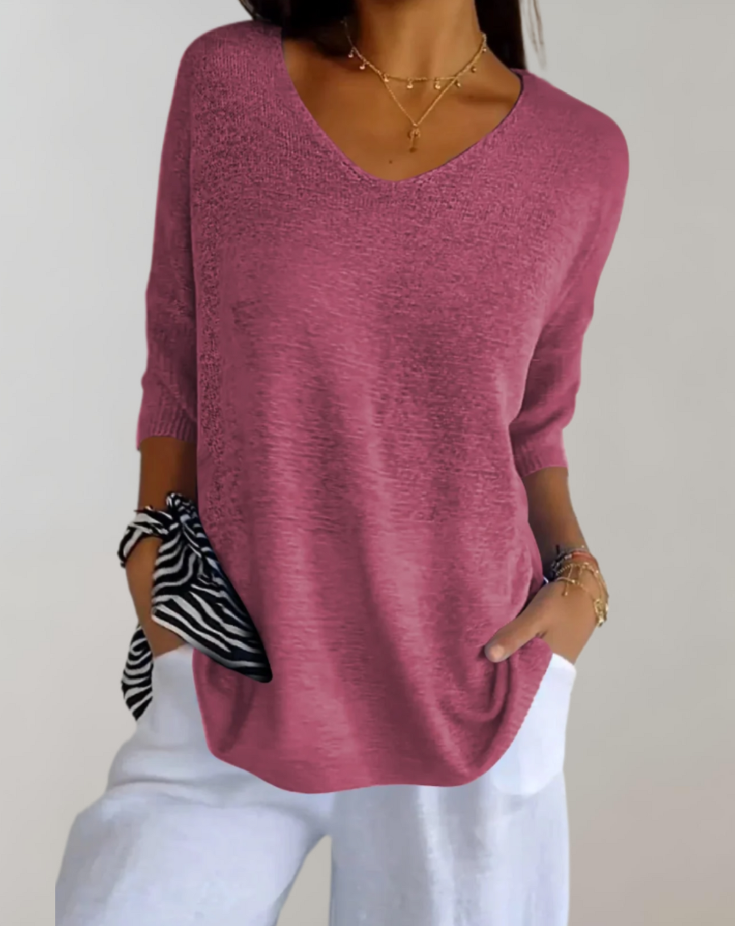 Haut Tricot Femme Élégant – Haut Long Doux avec Col en V & Style Chic Décontracté