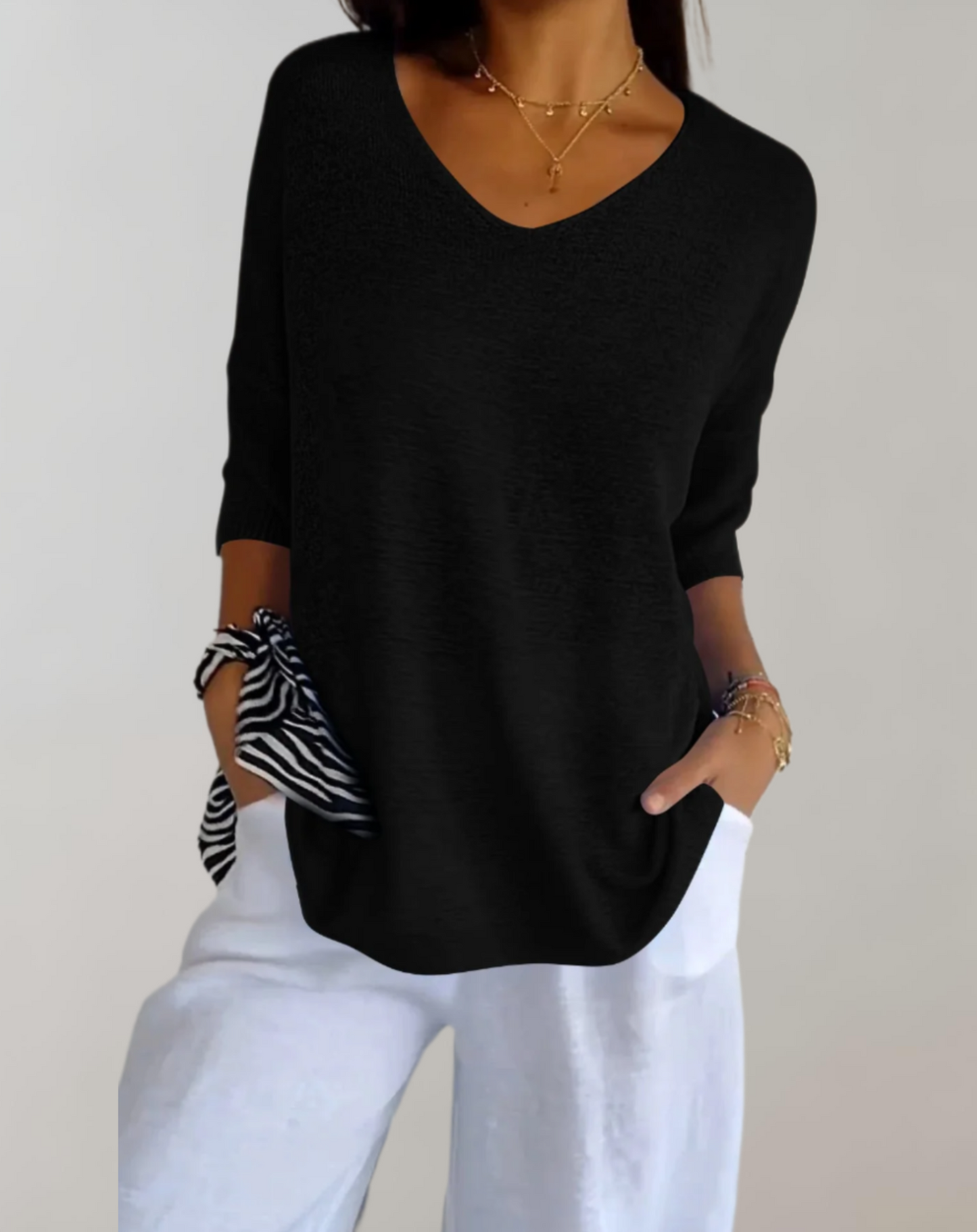 Haut Tricot Femme Élégant – Haut Long Doux avec Col en V & Style Chic Décontracté