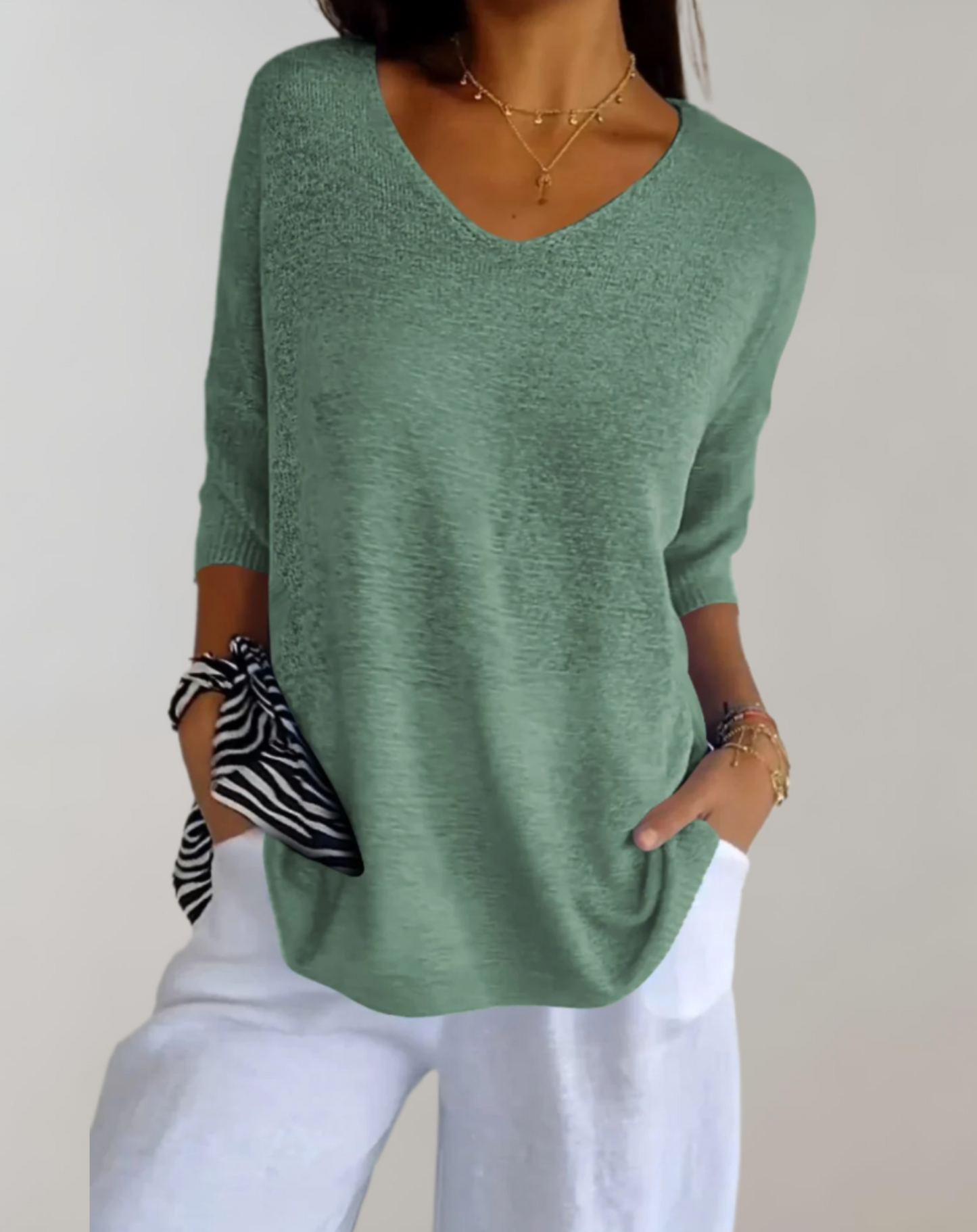Haut Tricot Femme Élégant – Haut Long Doux avec Col en V & Style Chic Décontracté