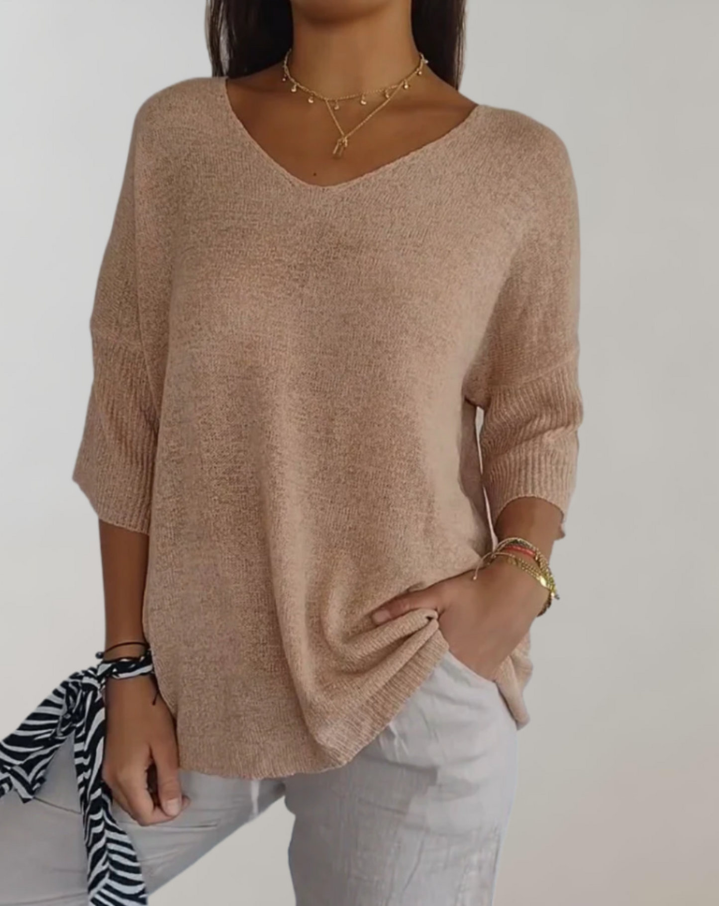 Haut Tricot Femme Élégant – Haut Long Doux avec Col en V & Style Chic Décontracté