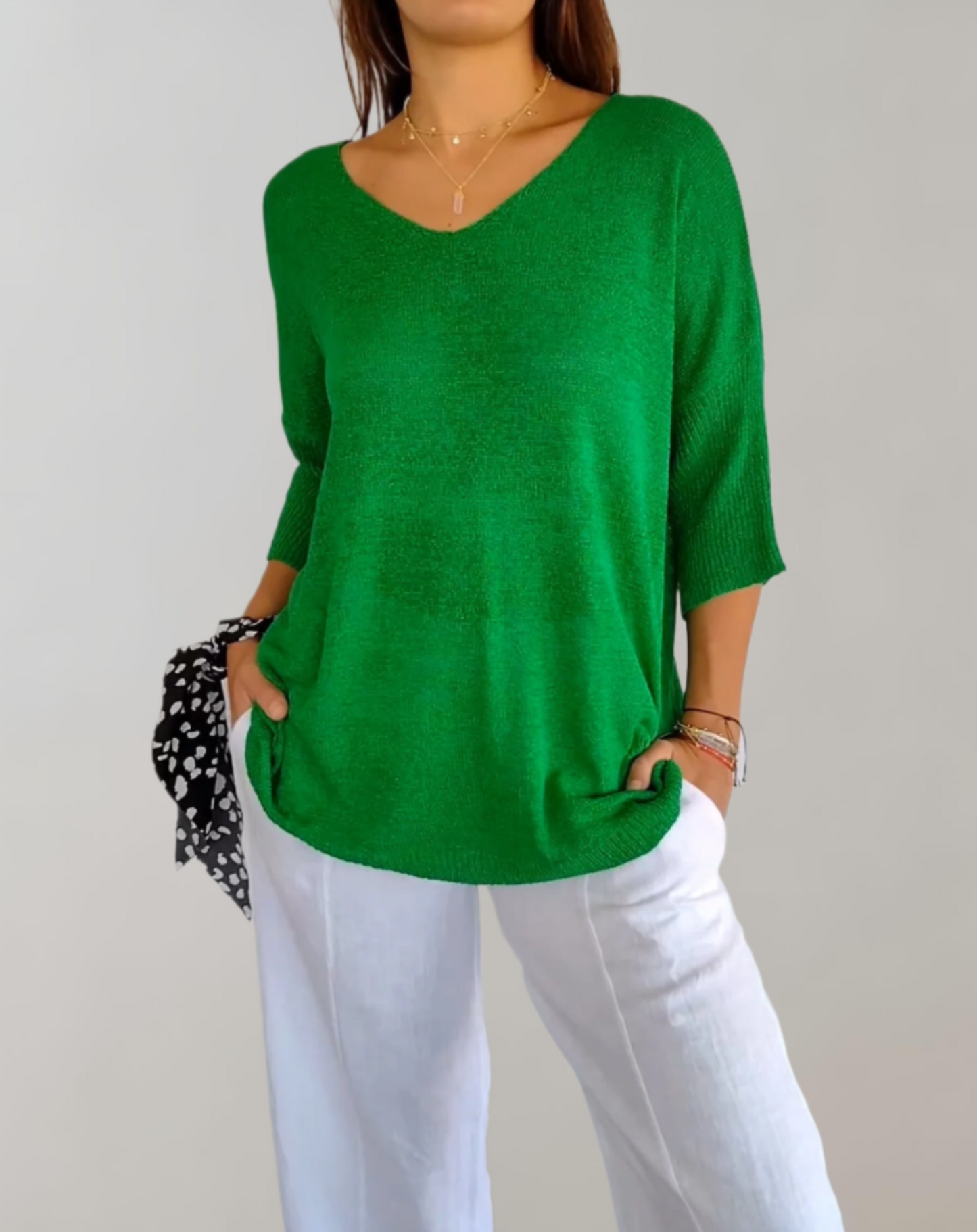 Haut Tricot Femme Élégant – Haut Long Doux avec Col en V & Style Chic Décontracté