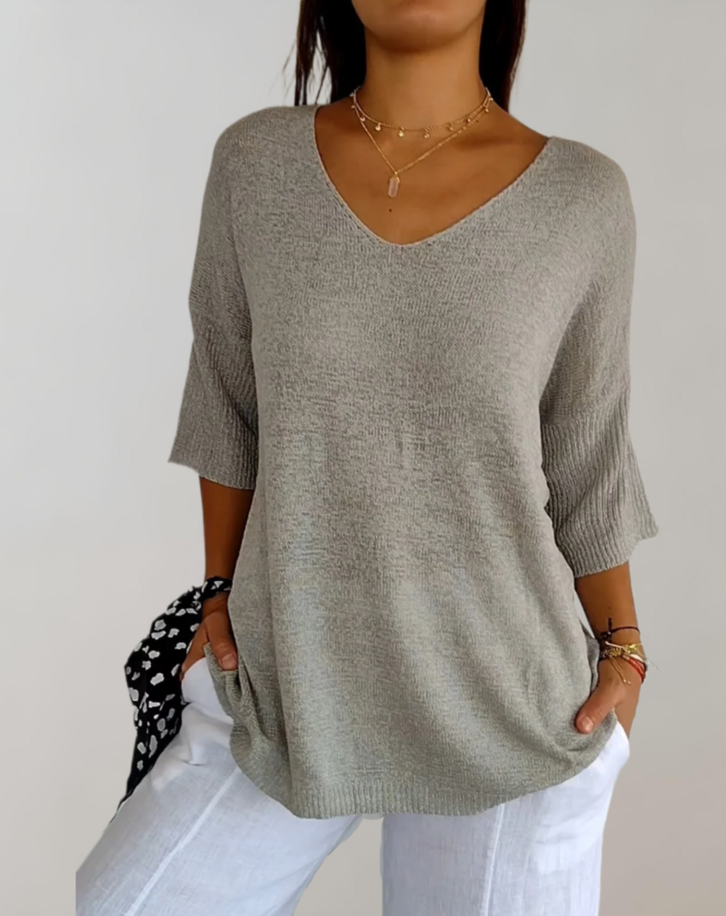 Haut Tricot Femme Élégant – Haut Long Doux avec Col en V & Style Chic Décontracté