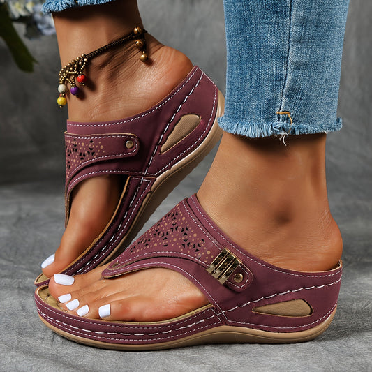 Sandales Femmes Décontractées Cuir Pourpre Découpées - LuxeStyle