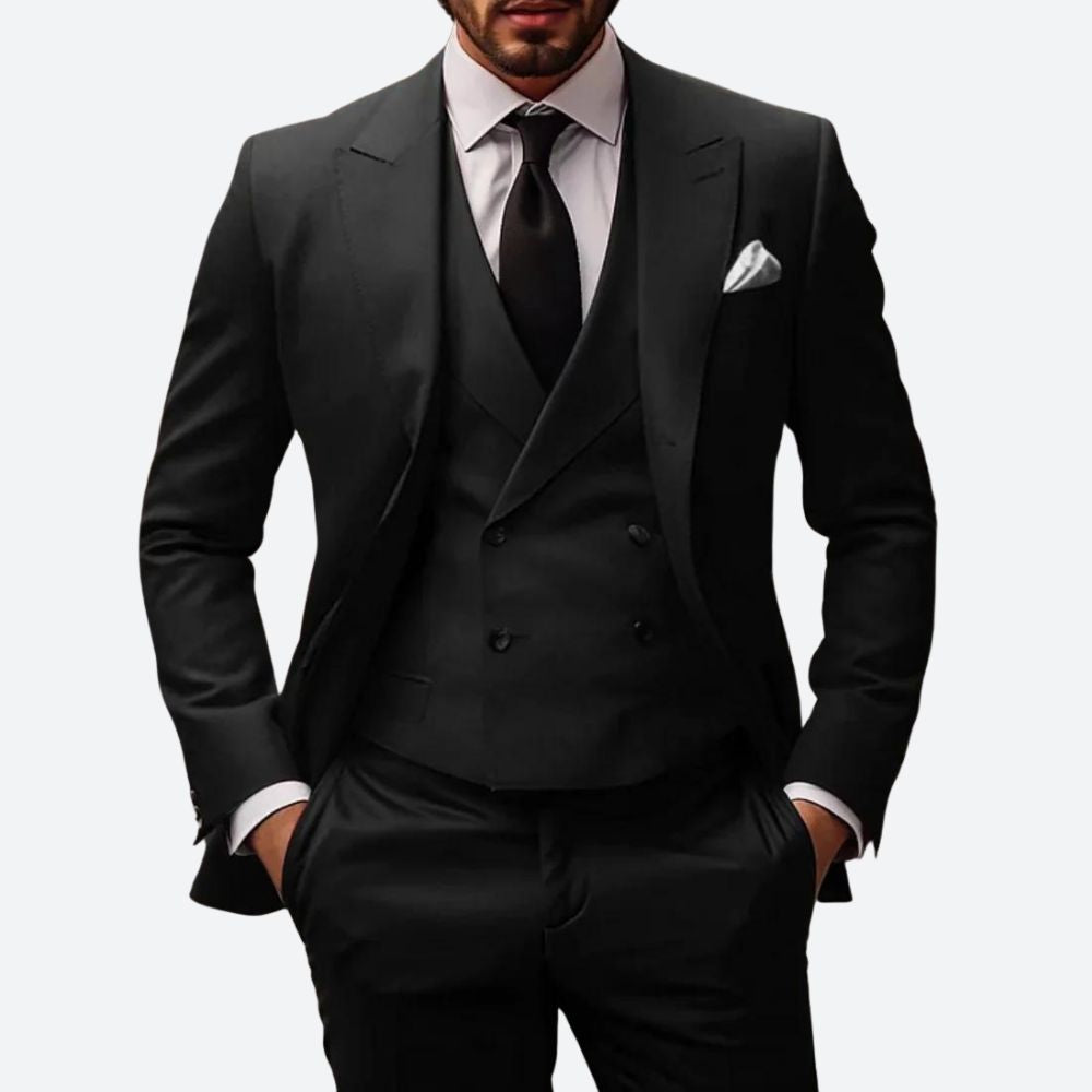 Costume Homme Élégant Noir Trois Pièces avec Veston et Nœud Papillon