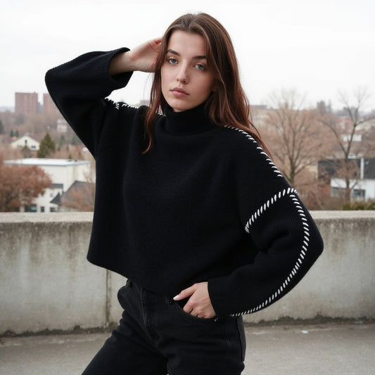 Pull femme noir élégant avec détails fashion - LuxeStyle
