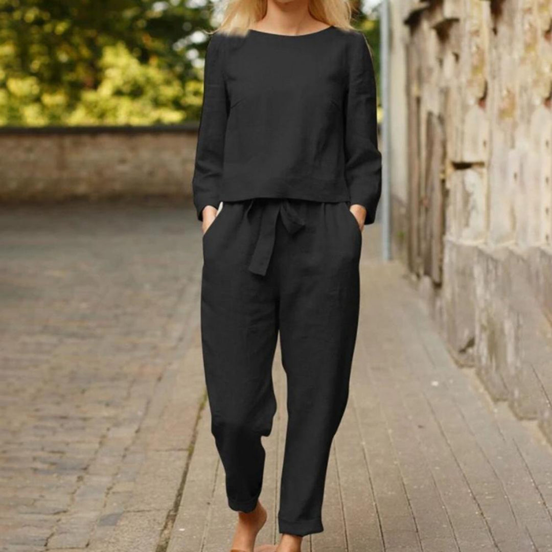 Robe Femme Élégante Lin Noir Manches Longues - LuxeStyle