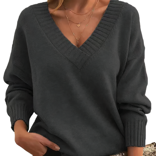 Pull Femme Élégant Col V Manches Longues Noir - LuxeStyle