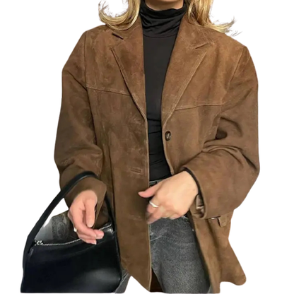 Veste cuir brun femme élégante à boutons - LuxeStyle
