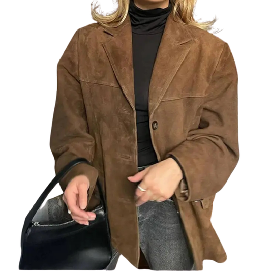 Veste cuir brun femme élégante à boutons - LuxeStyle