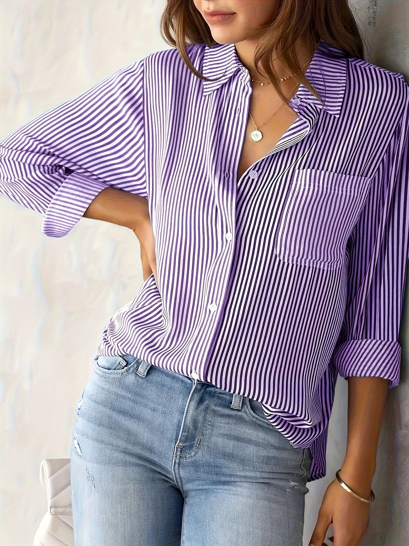 Rayelune™ – Chemise Femme Rayée Chic à Manches Longues Décontractée