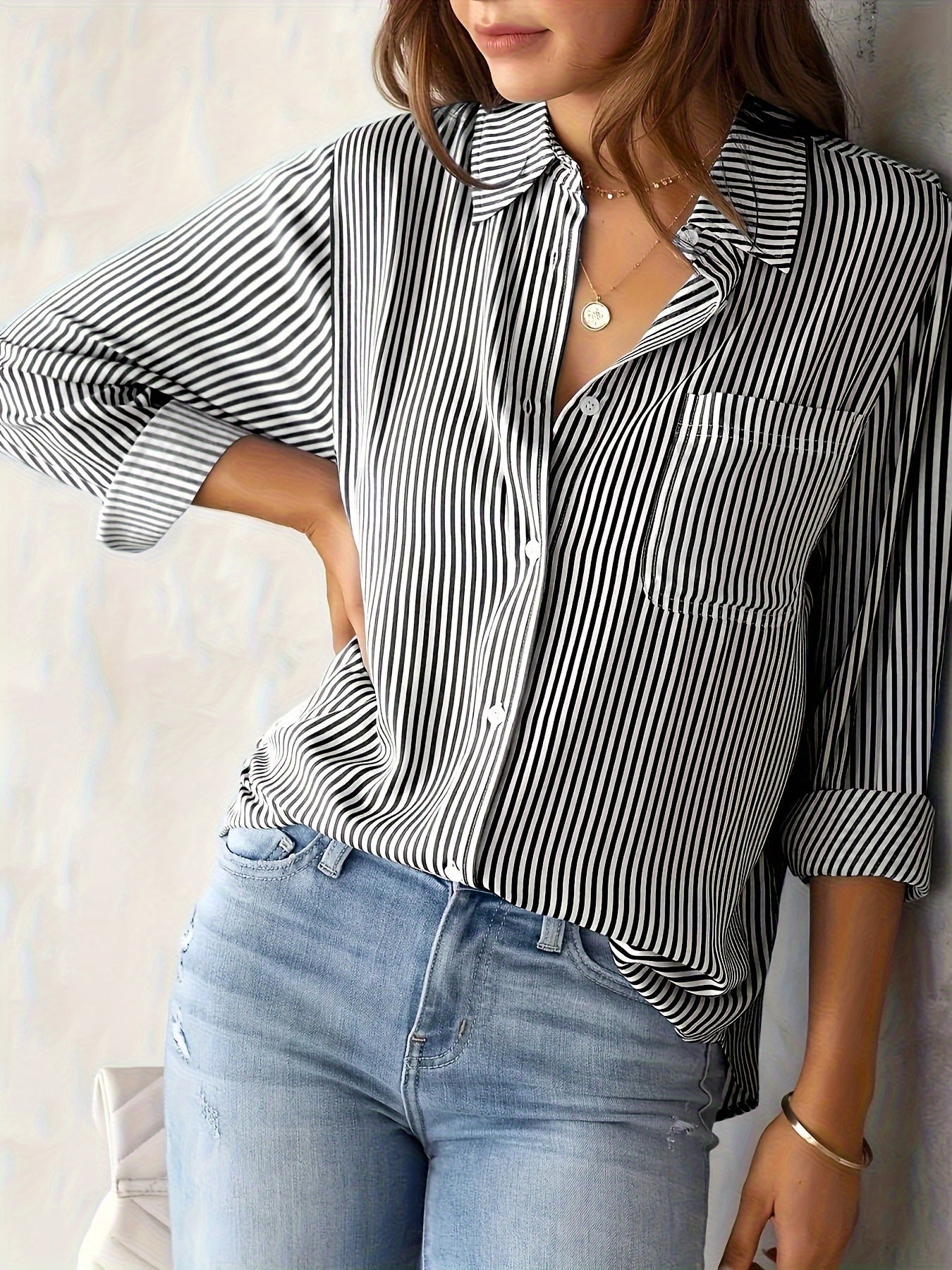 Rayelune™ – Chemise Femme Rayée Chic à Manches Longues Décontractée