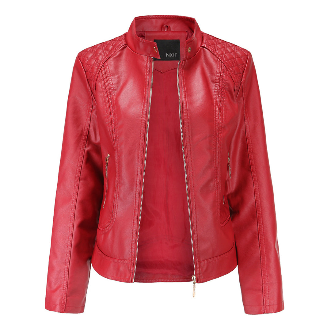 Veste Cuir Féminine – Col Montant Élégant, Fermeture Éclair & Design Tendance