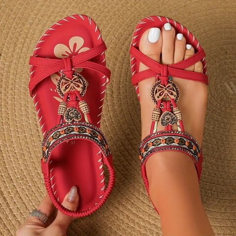 Sandales Femmes Chic - Sandales Bohèmes à Semelle Plate avec Style Tribal
