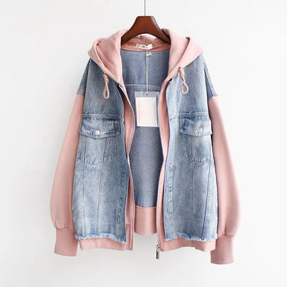 Veste Denim Oversize avec Capuche et Fermeture Éclair