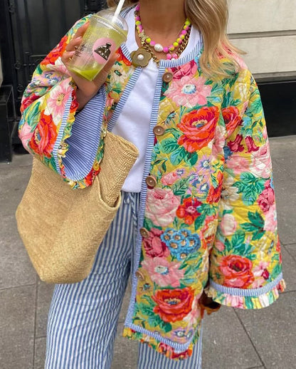 Manteau douillet imprimé fleurs colorées femme - LuxeStyle