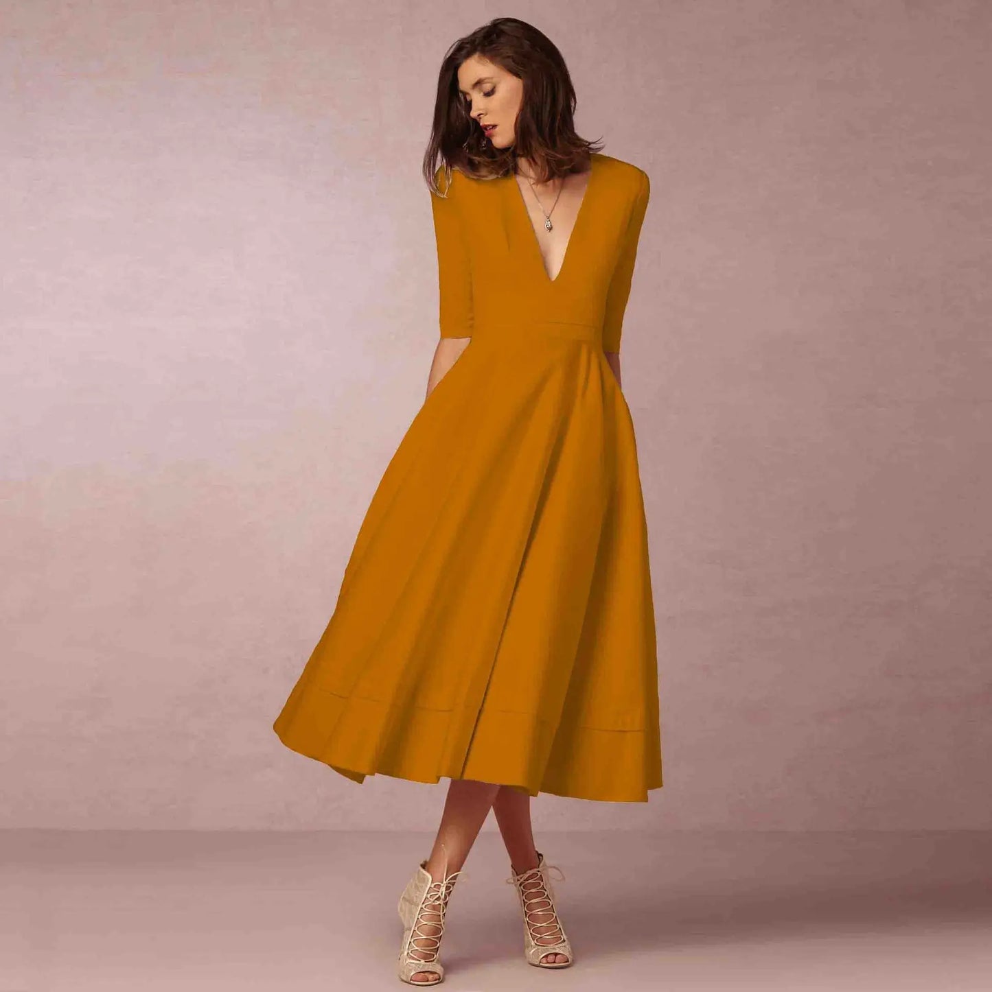 Robe Femme Élégante en Coton - Robe Midi Cintrée Chic