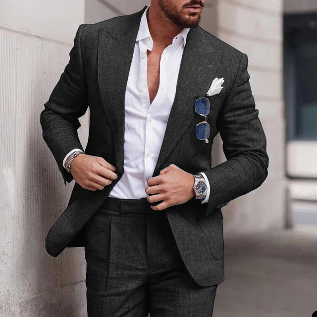 Costume Homme Élégant Lin Beige avec Chemise Blanche Classique