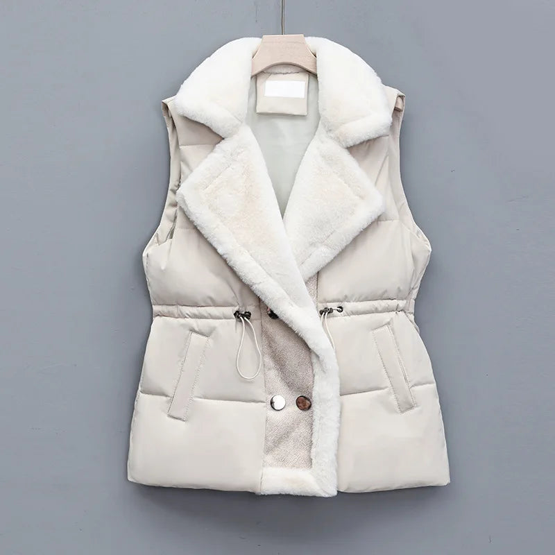 Gilet Douillet Col Fourrure Artificielle pour Femme Hiver