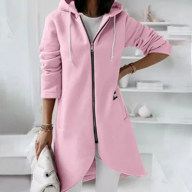 Veste Féminine Zippée Capuche Longue Décontractée