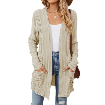 Cardigan Féminin Longue Ligne avec Poches et Coupe Détendue