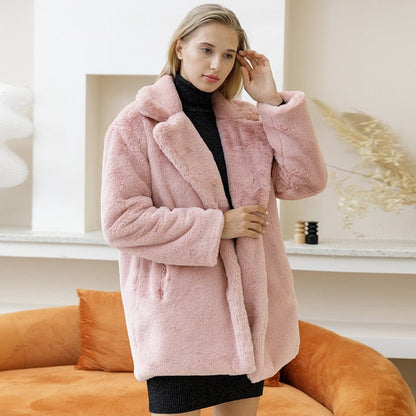 Manteau Mi-Long Femme au Style Hivernal avec Col en Fourrure Synthétique