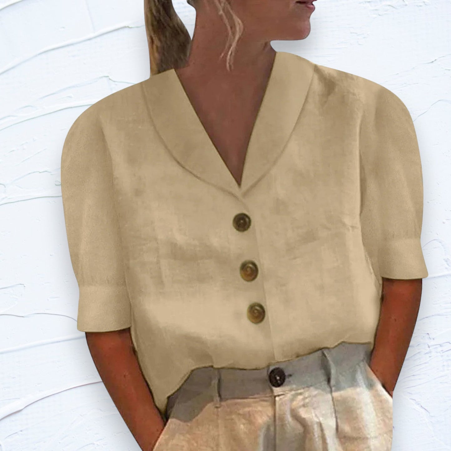 Blouse Lin Blanc Élégante Manches Courtes
