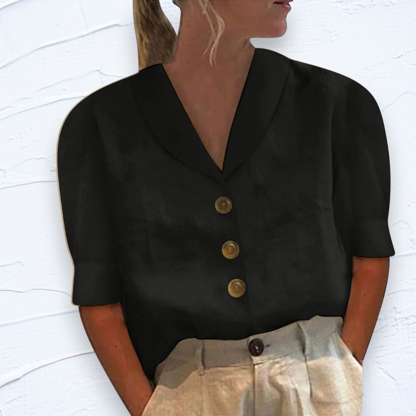 Blouse Lin Blanc Élégante Manches Courtes