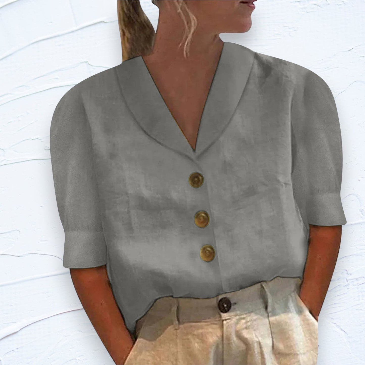 Blouse Lin Blanc Élégante Manches Courtes