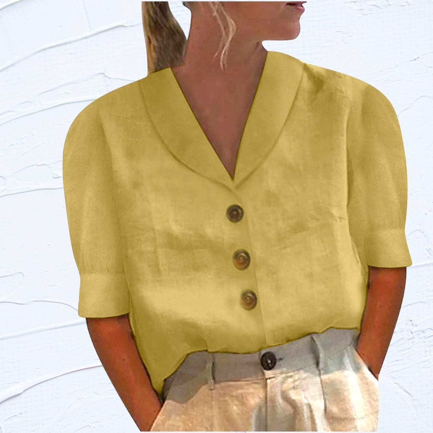 Blouse Lin Blanc Élégante Manches Courtes
