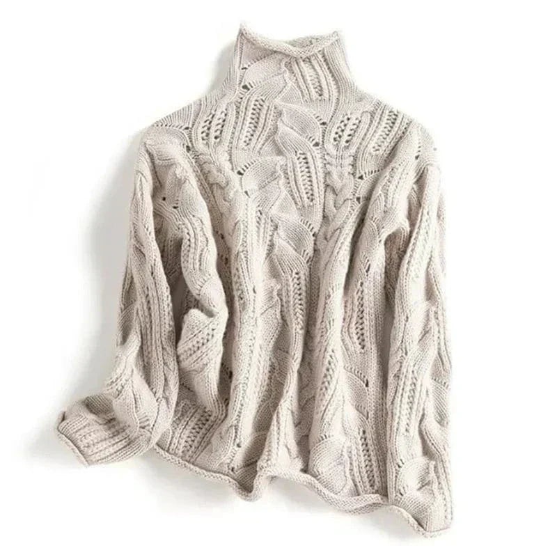 Pull en tricot torsadé col roulé neutre femme - LuxeStyle