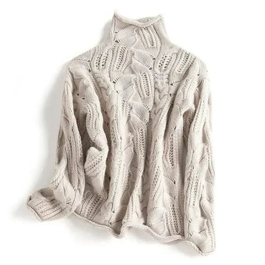 Pull en tricot torsadé col roulé neutre femme - LuxeStyle