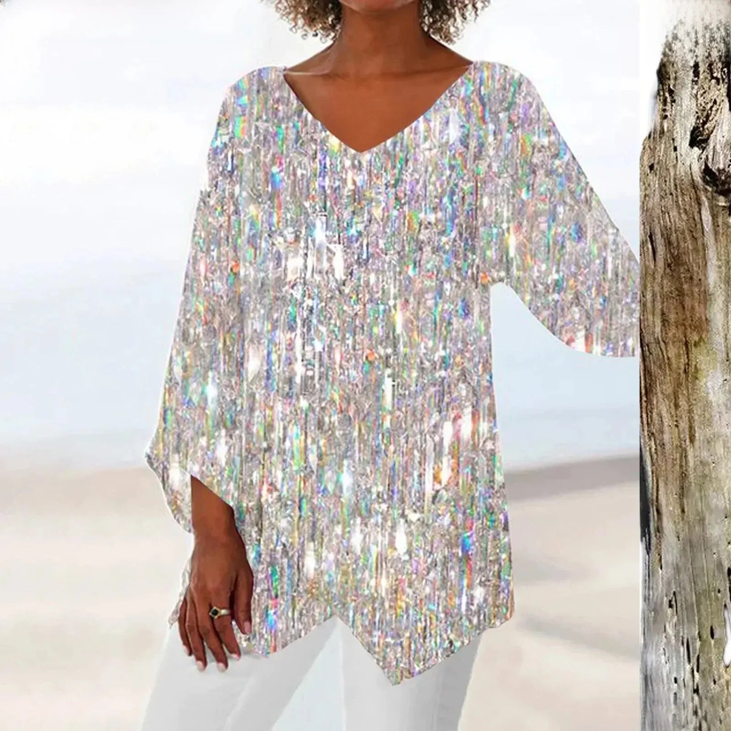 Blouse Féminine Séquins Manches Longues Col en V - LuxeStyle