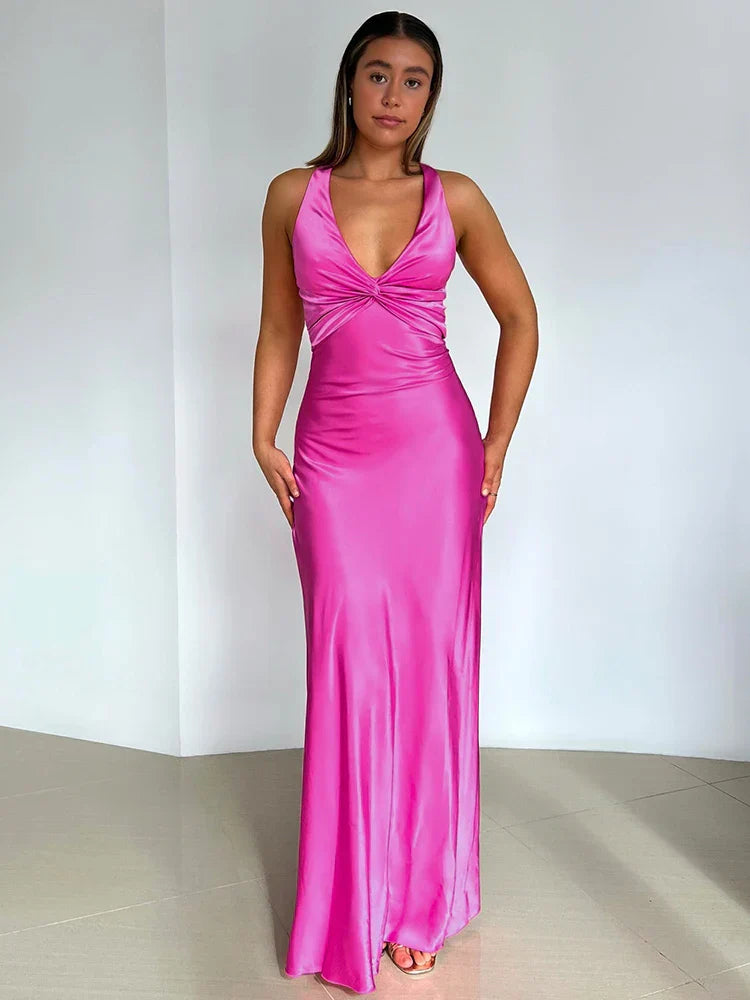 Robe de Soirée Élégante pour Femme – Longue et Satinée avec Col Plunging