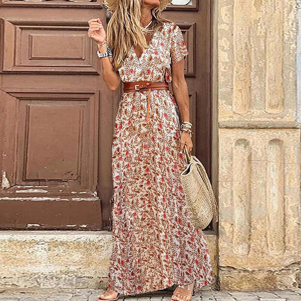 Robe longue fleurie décontractée pour femme avec ceinture